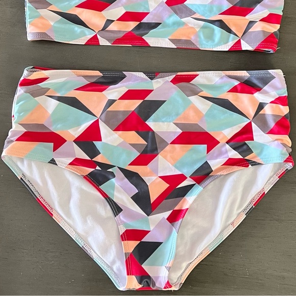 Red Aqua Peach Gray Pixelated High Waist Retro Moderate Coverage Geo Bikini L - Picture 3 of 4